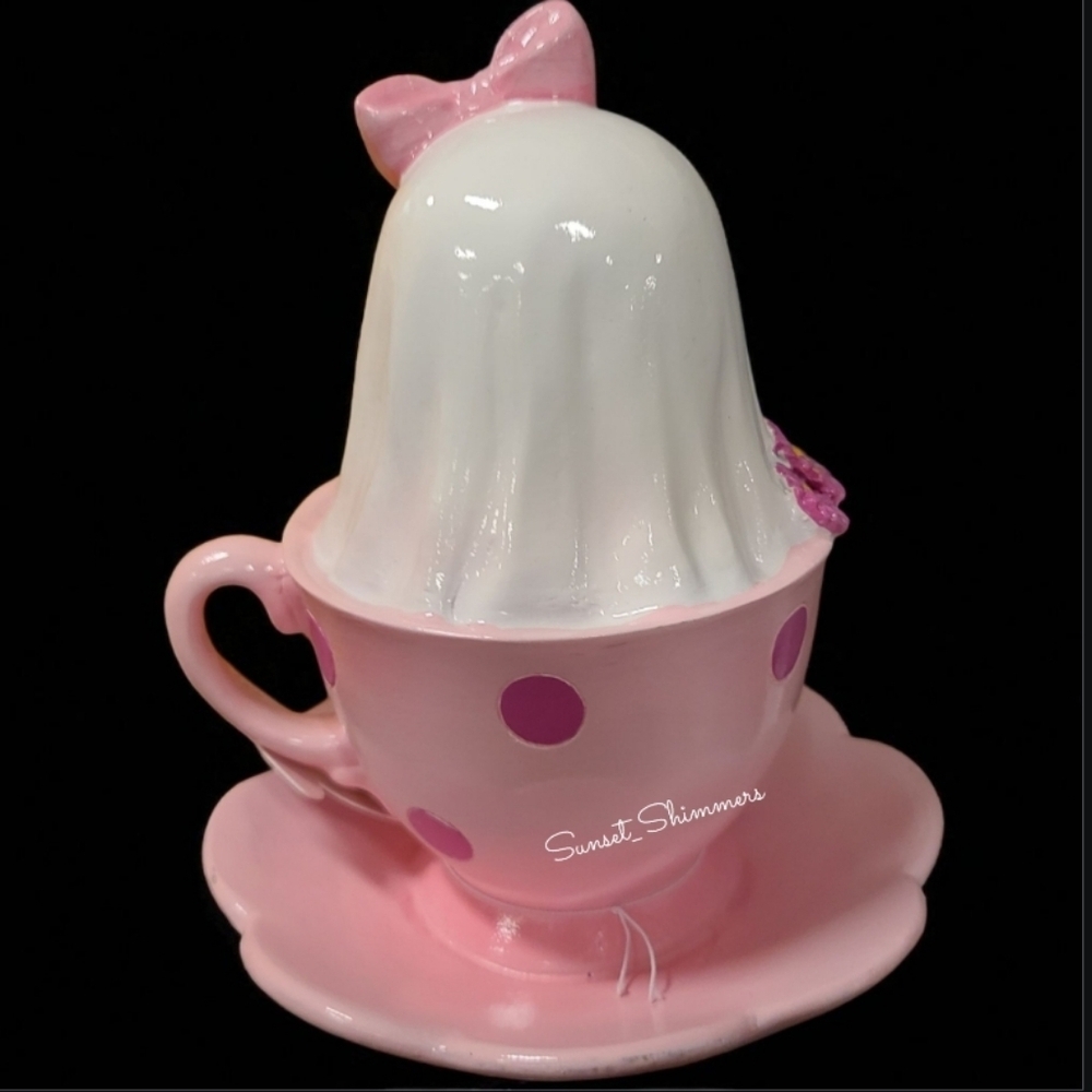 Halloween Ghost Girl In Teacup Reading Book Pink Coquette Bow Polka Dot Flowers - Picture 5 of 6